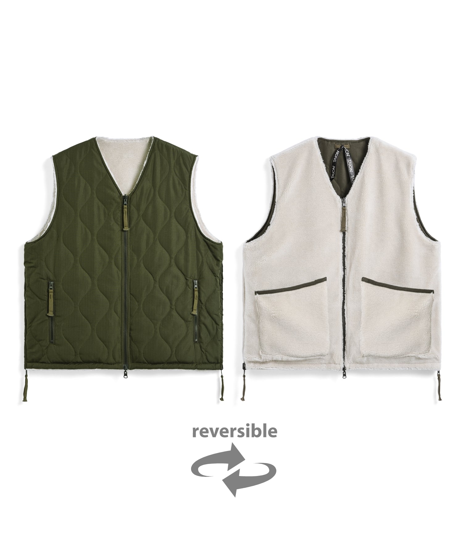 Military Line Reversible Down/Boa Vest – Dark Olive/Cream