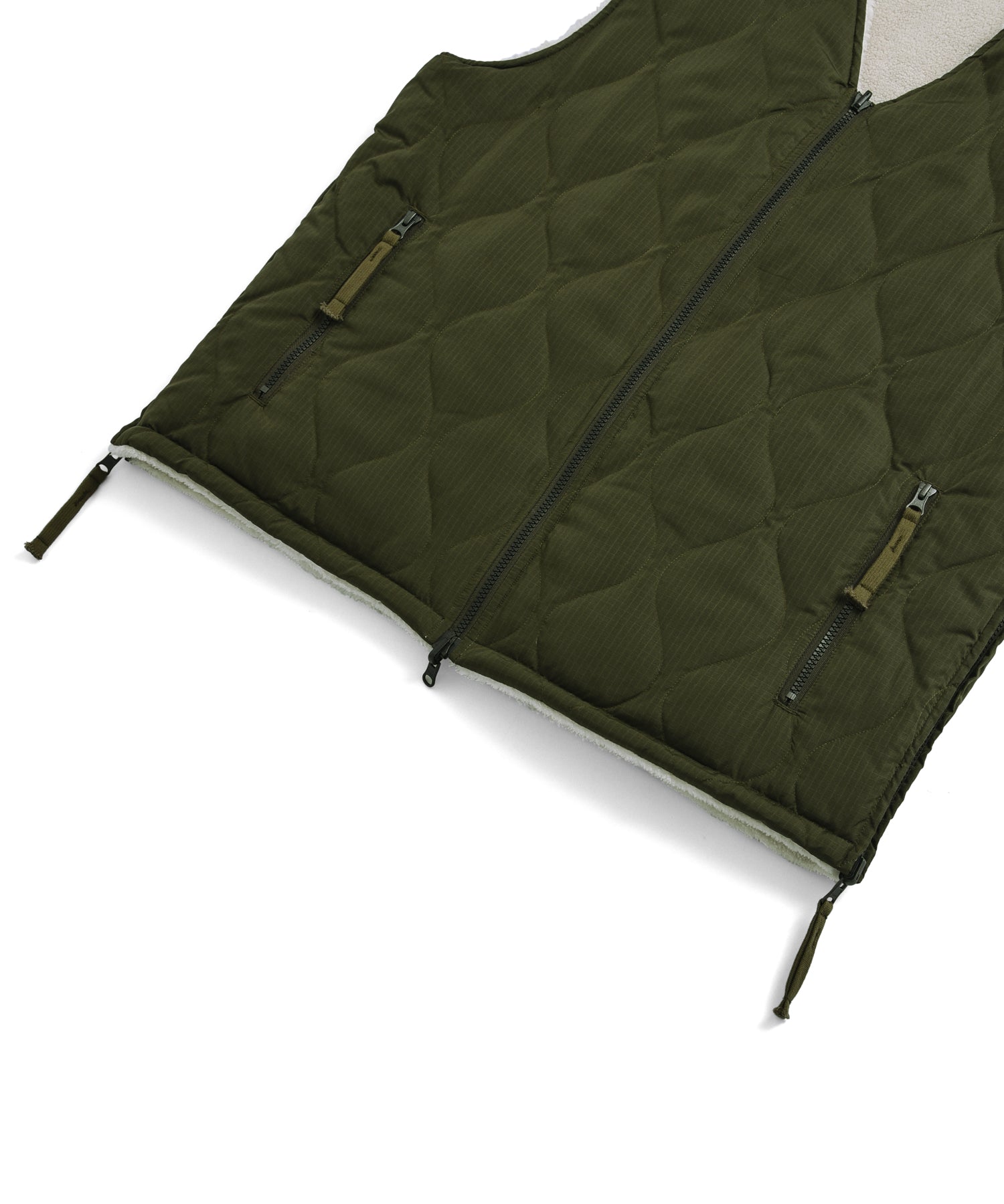 Military Line Reversible Down/Boa Vest – Dark Olive/Cream