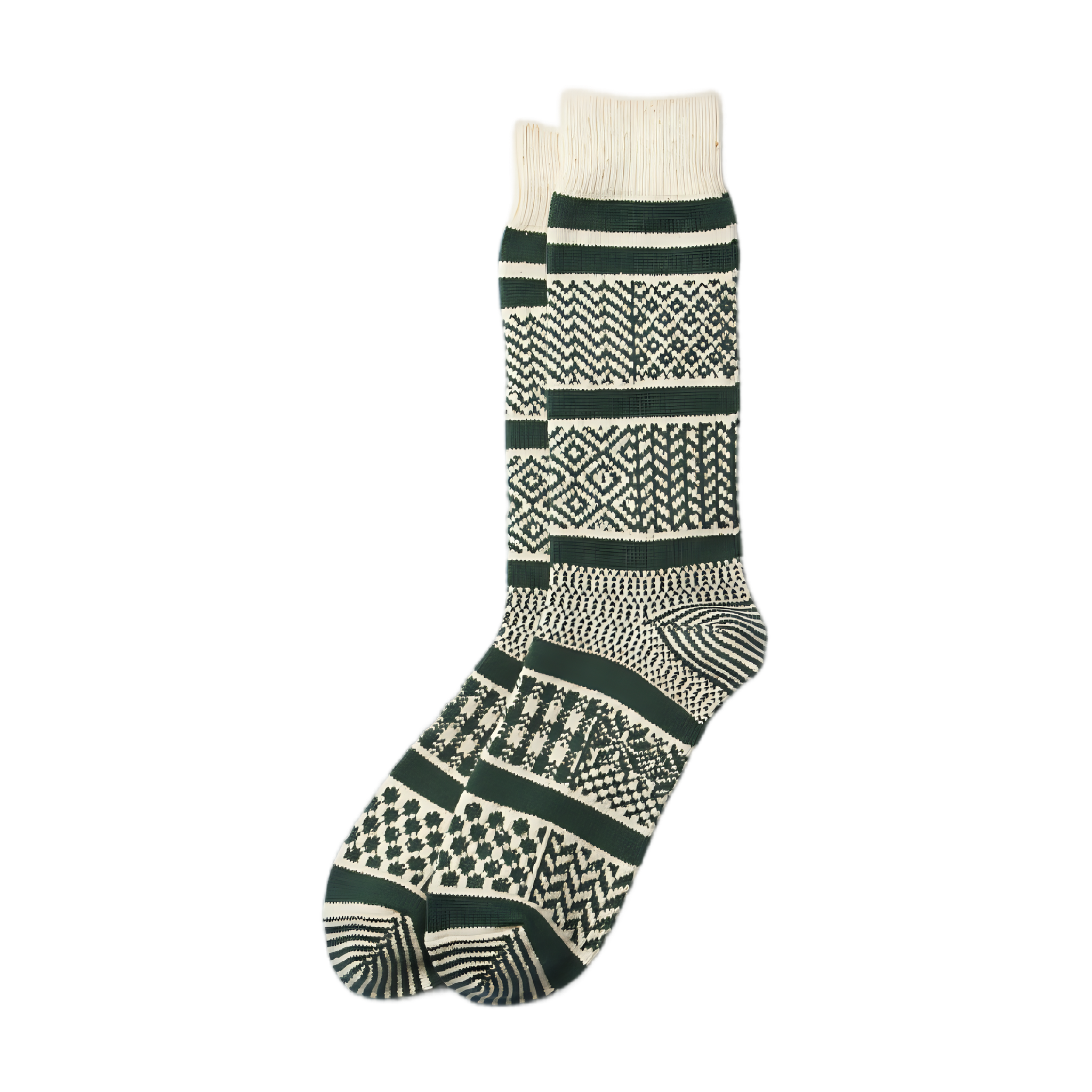 Multi Jacquard Crew Socks - Ivory/Dark Green