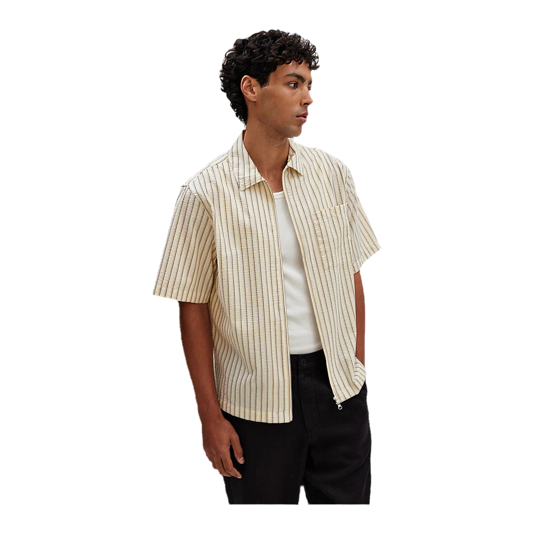 Sears Zip S/S Shirt - Seersucker Stripe - Natural/Navy