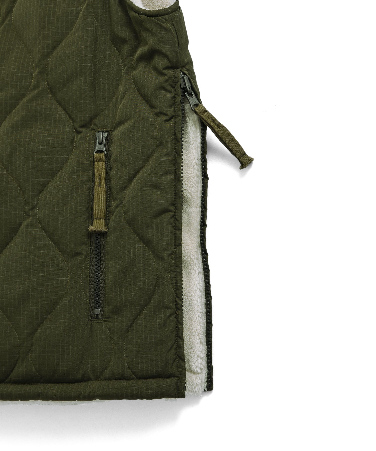 Military Line Reversible Down/Boa Vest – Dark Olive/Cream