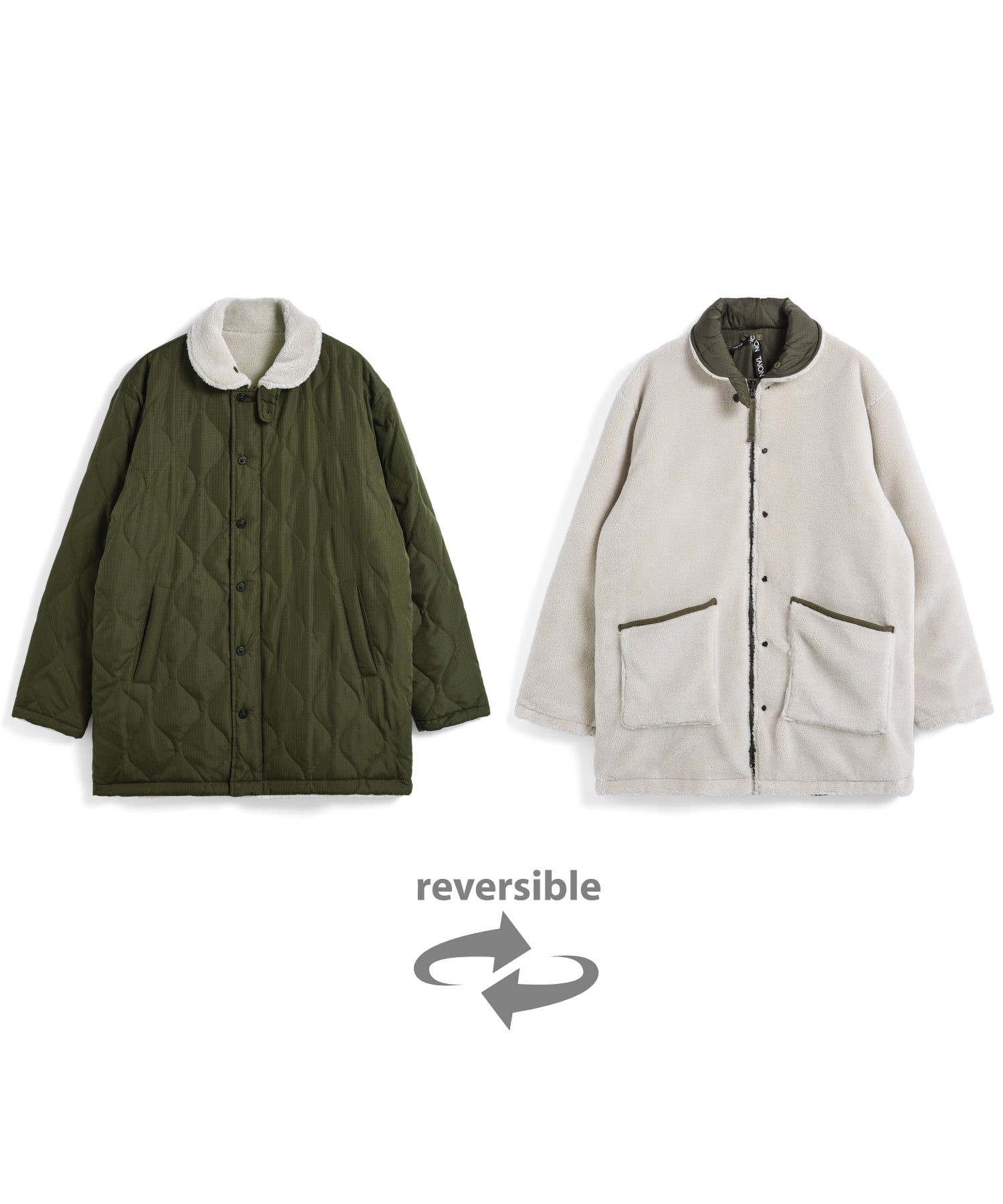 Military Down/Boa Reversible Coat - Dark Olive/Cream