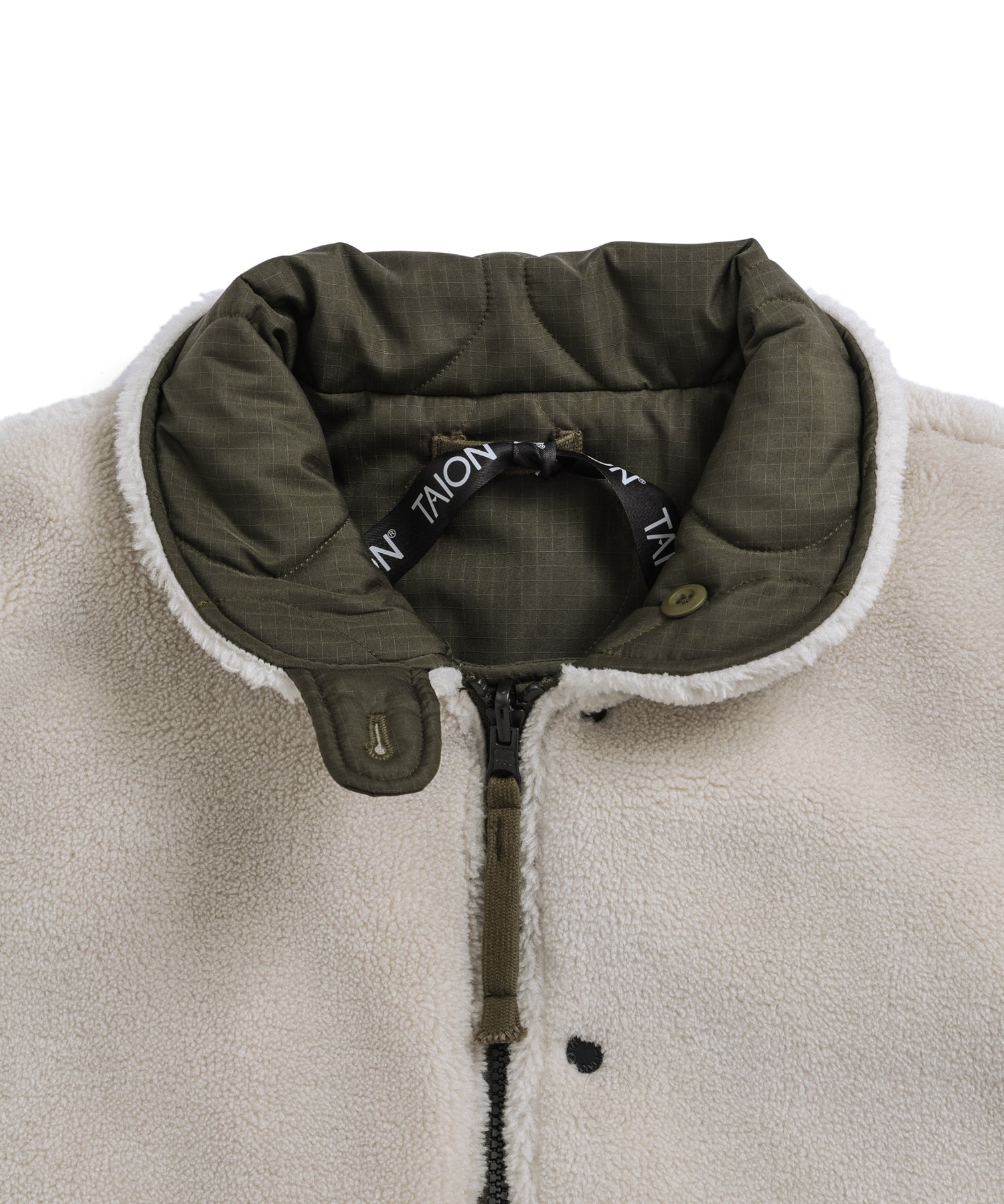 Military Down/Boa Reversible Coat - Dark Olive/Cream