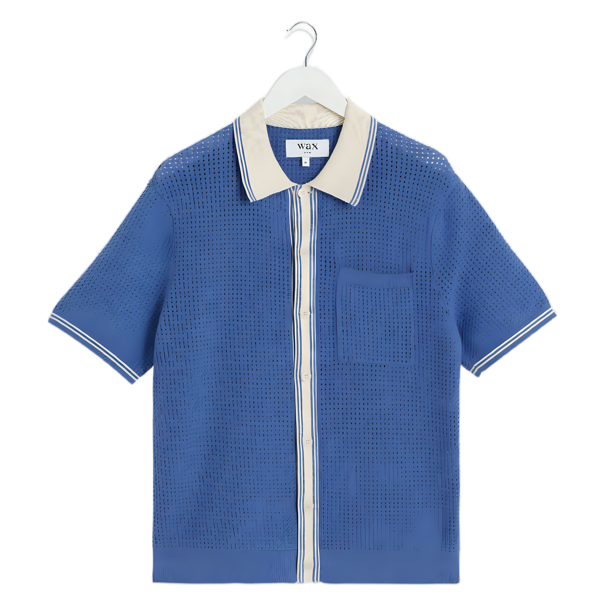 Belle SS Polo Shirt - Tipped Pointelle Blue/Ecru